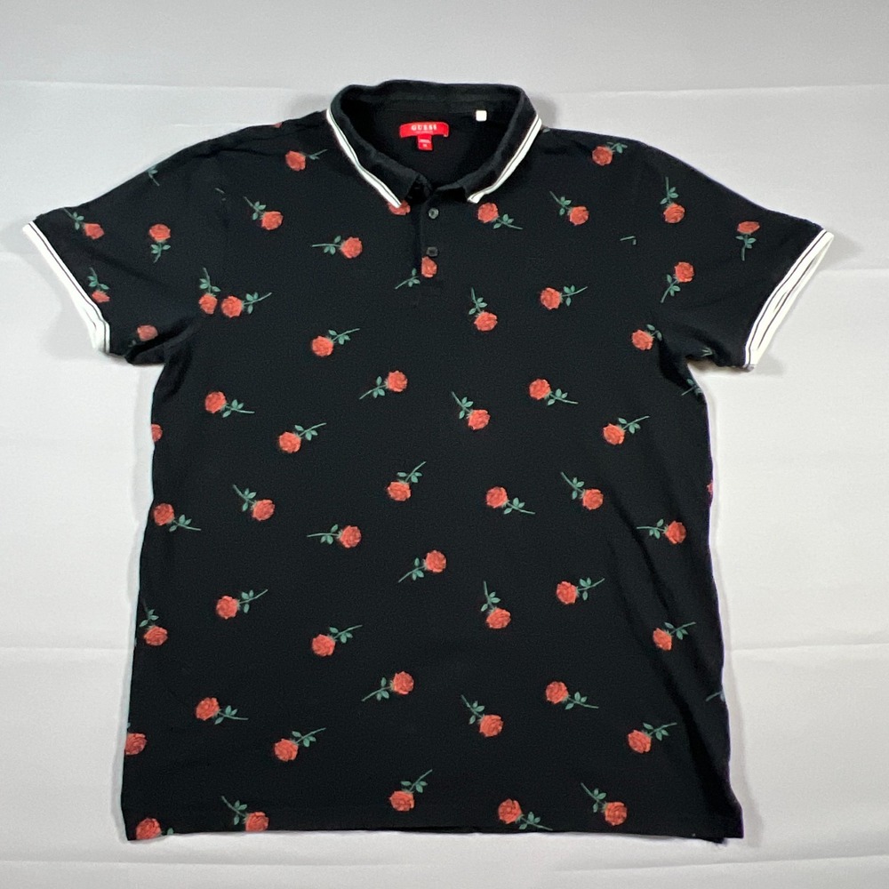 Guess Polo Shirt Mens XL Black Multi Floral Printed Cotton Regular Fit Casual